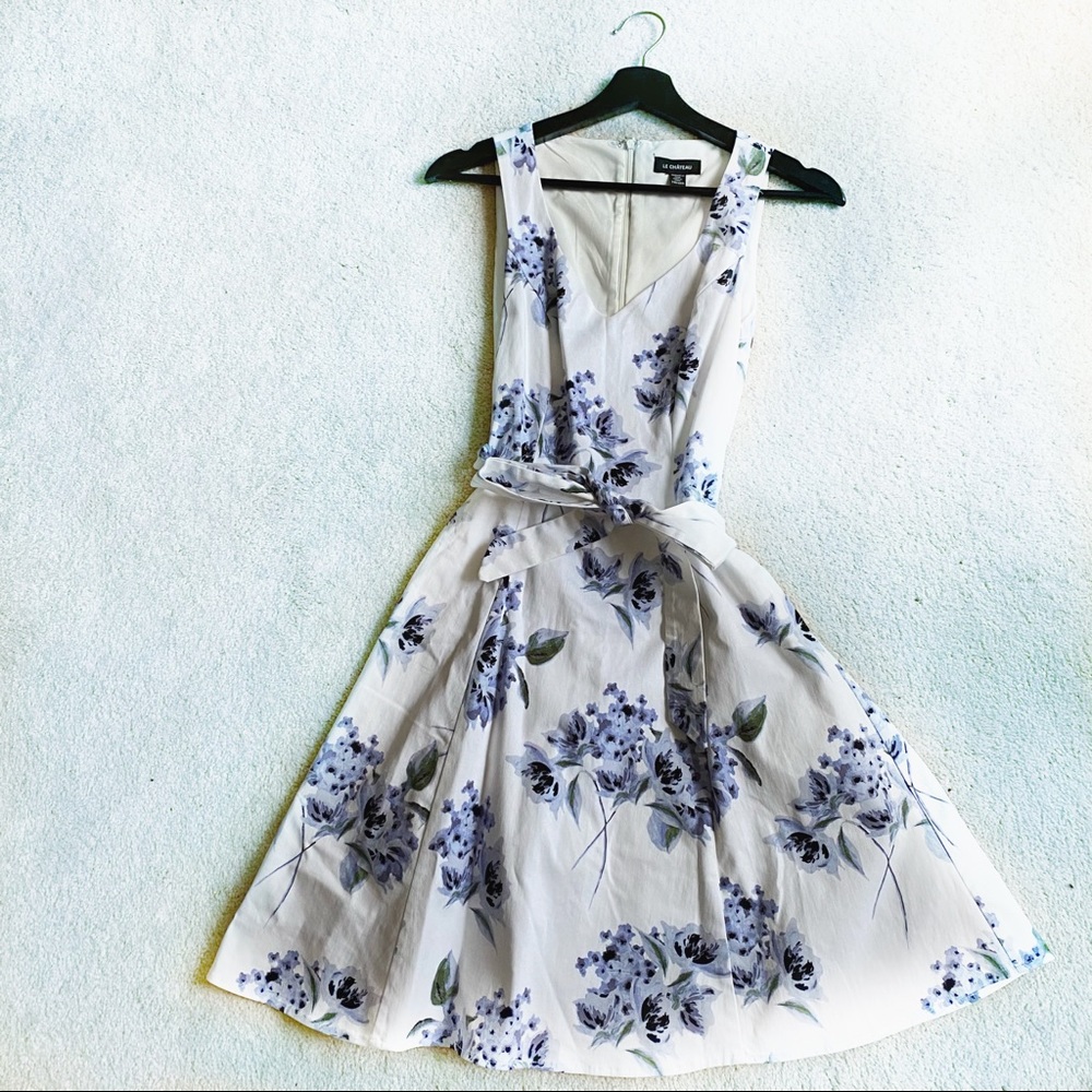 Le Chateau Lined White & Blue A-Line Dress